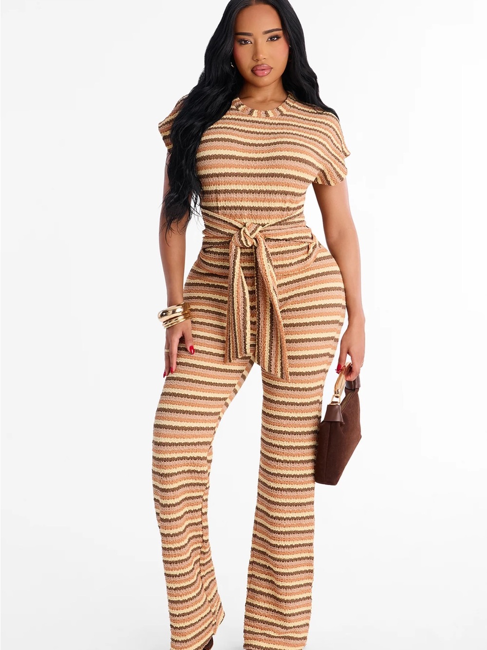 Striped Knit Tie-Waist Jumpsuit - Tan Multi